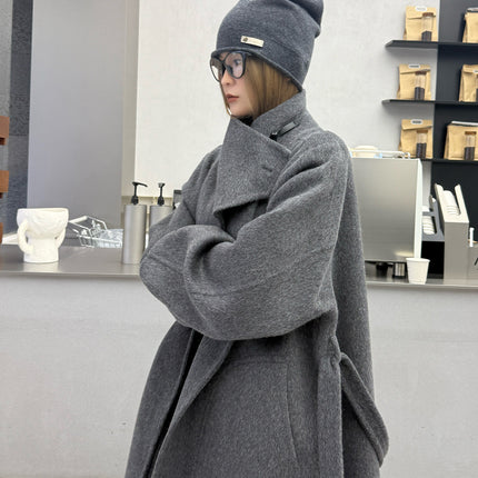 New Stand Collar Elegant Commuter Style Double-Sided Wool Coat for Women, Alpaca Wool, Extended Loose Version, Thickened Woolen Jacket