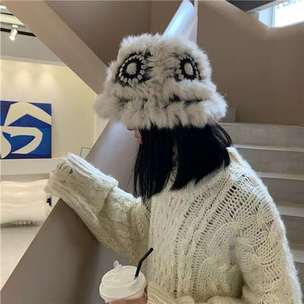 Autumn and Winter New Real Rex Rabbit Fur Knitted Hat All-match Tiger Head Lion Hats Warm Furry Face Show Girl
