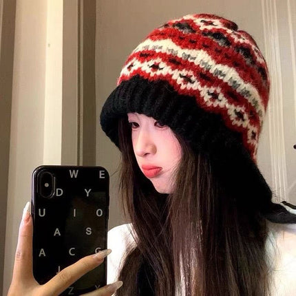 Cute Bear Ear Knitted Hat for Women, Autumn and Winter, Makes the Face Look Smaller, Versatile, Warm Woolen Hat, Cold-Proof Plush Ear Protection Hat