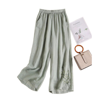Southeast Asia Cross-Border Spring and Autumn Large Size Loose-Fitting Casual Slimming High-Waisted Cotton and Linen Embroidered Wide-Leg Pants
