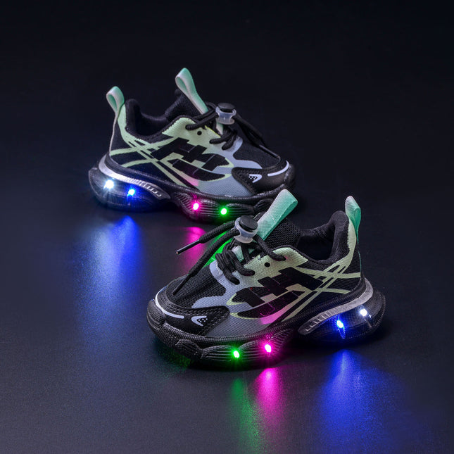 Boys' Breathable Luminous Sports Double Mesh Shoes 2024 Spring and Autumn New Children's Letters Casual LED Lighting Running Shoes