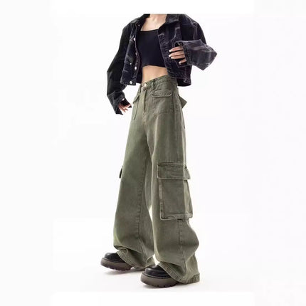 American Style Retro High Waist Green Overalls Jeans Girls Trendy Brand New Loose Straight Casual Wide Leg Trendy Trousers
