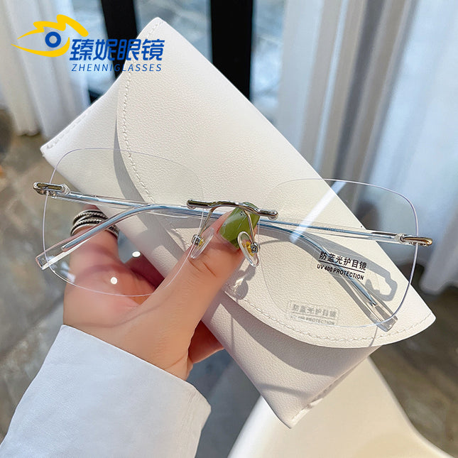 New Internet-famous anti-blue light rimless glasses frame for men and women with adjustable power large frame round face dopamine plain plain mirror