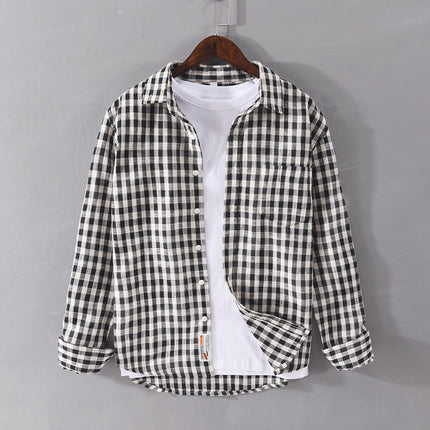 2022 Spring New Sanding Plaid Long-sleeved Shirt Men's Loose Casual All-match Youth Cotton Trendy 8801 Shirt