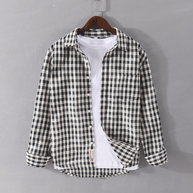 2022 Spring New Sanding Plaid Long-sleeved Shirt Men's Loose Casual All-match Youth Cotton Trendy 8801 Shirt