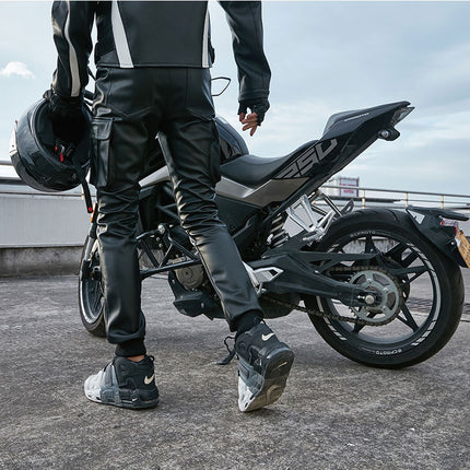 Cycling Motorcycle Men's Tooling Leather Pants Men's Fleece-Lined Thickened Loose Motorcycle Waterproof Windproof Warm Thick Autumn and Winter