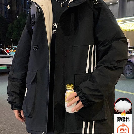 WASUUP Cotton Warm Jacket Men's Autumn and Winter New Hooded Trendy Brand Casual Clothes Handsome Cold Resistant Workers
