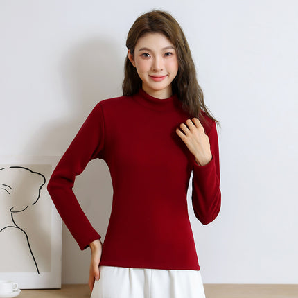 New Women's Base Layer Top for Autumn and Winter, Red Long-Sleeve Brushed Fleece Thickened Thermal Underwear Versatile High-Neck Top
