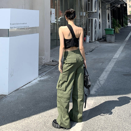 American Fashion Trendy Summer New Style Removable Two-Wear Army Green Casual Wide-Leg Multi-Pocket Crane Pants for Women