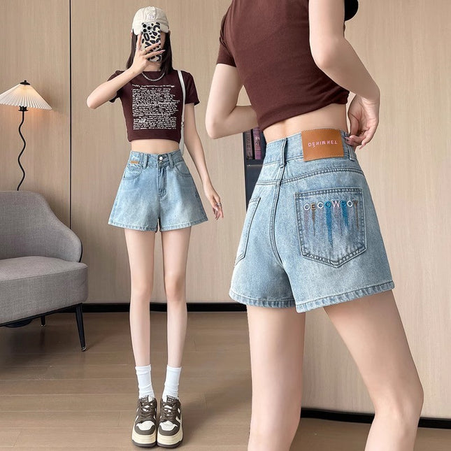 Contrast Color Embroidered Denim Shorts for Women, Trendy Versatile Loose Wide-Leg Slimming A-Line Double-Button High-Waisted Slim Hot Pants