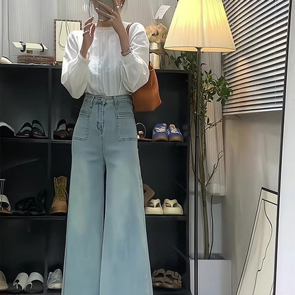 2025 Spring New High Waist Stretch Wide Leg Jeans Women's Casual Large Legs Loose No Leg Mop Pants