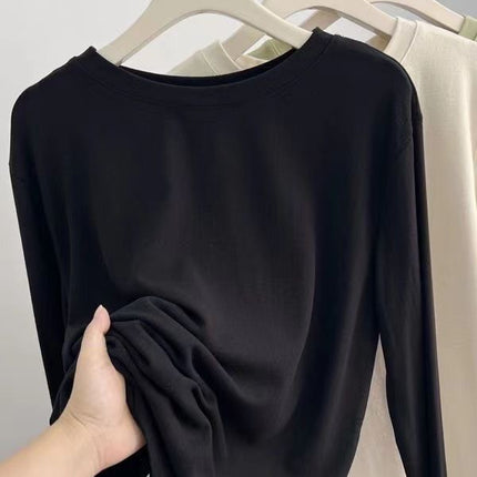All-Match Good Wearing Solid Color Net-Style Fleece Crewneck Long-Sleeved T-Shirt Women's Double-Scrub Fleece-Lined Thickened Inner Top