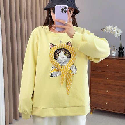 Shuangtian 2025 New Autum Fat Girl Plus Size Women's Sweatshirt Sweet Kitten Turban Round Neck Sweatshirt Women 9052