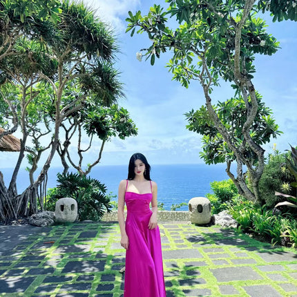 Niche foreign trade design French seaside holiday style white strap waist slimming mop fairy tube top dress