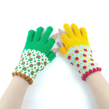 Women's autumn and winter warm touch screen exposed two-finger student writing adult office wool knitted half-finger gloves for men