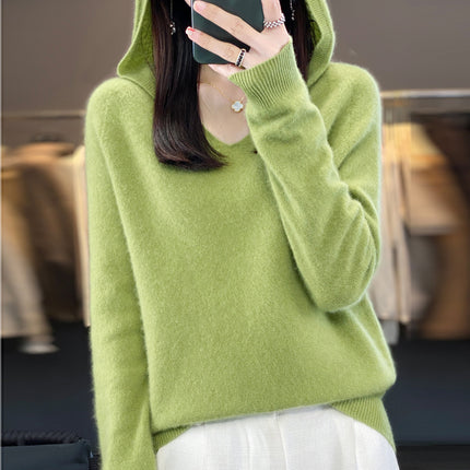 First-Line Garments 100 Pure Wool 2025 Spring New Women's V-Neck Hooded Sweater Pullover Short Needle Sweater