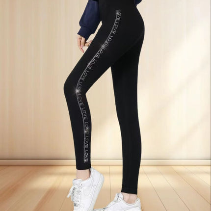 Side Diamond-Embellished Seamless Fleece-Lined Leggings for Women, Warm and Plush, Plus-Size Cropped Pants