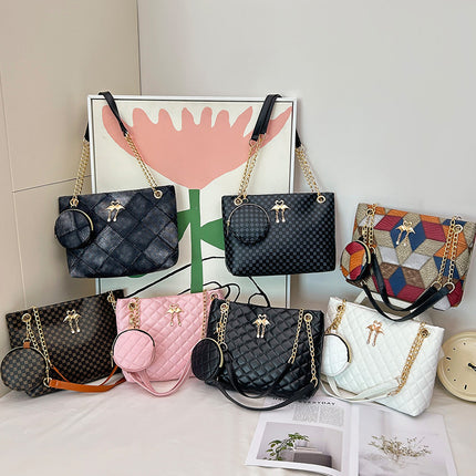 Cross-border Two-piece Fashionable Distinctive Denim Pattern Diamond Pattern Embroidered Tote Large Bag with Mini Change Small Round Bag Trendy