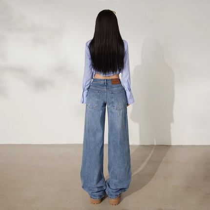 Retro Washed Wide-Leg Jeans for Women, Autumn New Low-Waist Straight Loose Design, Slimming Floor-Length Pants
