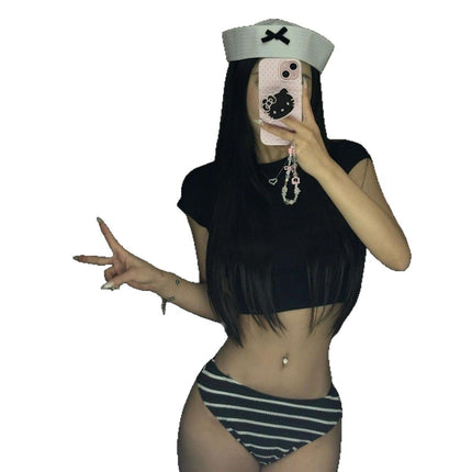 Source manufacturers hot girls sexy striped bikini black short sleeve small chest slim bikini split swimsuit women