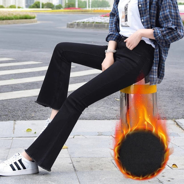 Black Flared Jeans for Women, Autumn and Winter Trendy Versatile New Style, Fleece-Lined, High-Waisted, Slim-Fit, Frayed Hem Bell-Bottom Pants