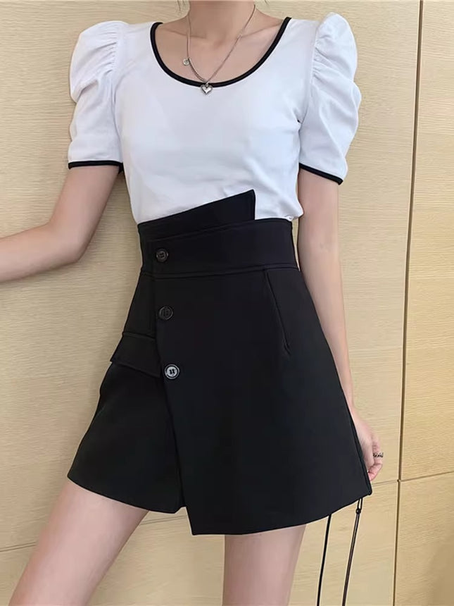 Irregular design suit culottes European and American high waist shorts women's A- line hip slimming temperament row button front skirt back pants