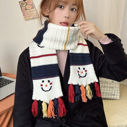 Christmas Gift ~ Smiling Snowman Scarf, Cute and Sweet Preppy Style Autumn and Winter Warm Woolen Scarf with Contrasting Colors and Versatile