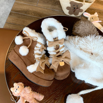Autumn and Winter New Shoes Thick-Soled Sweet Soft Girl Boots Chick Yellow Cute Soft Fur Ball Lolita Shoes