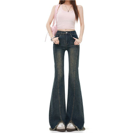 Off-White American Hot Girl Bootcut Jeans for Women 2025 Summer New High-Waist Slimming Look Horseshoe Pants Raw Edge Pants