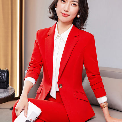 High-end red suit suit women's autumn and winter workwear jewelry hotel front desk workwear temperament professional suit jacket