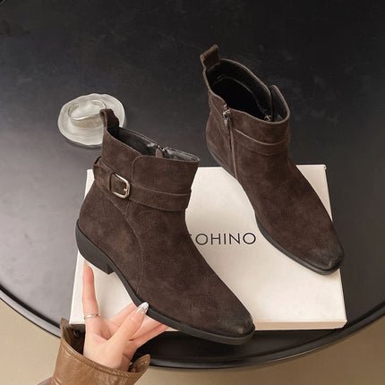 Cow Suede Retro Maillard Short Boots for Women 2025 Autumn and Winter New Belt Buckle Side Zipper Thick Heel Western Cowboy Boots