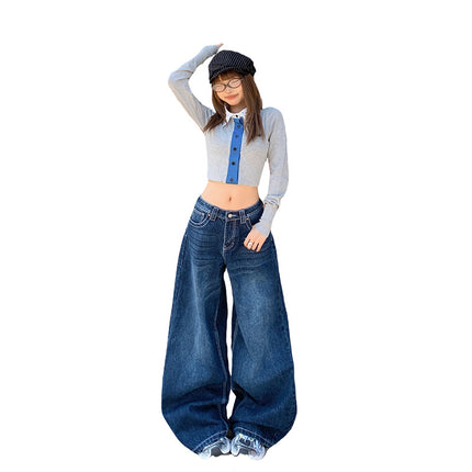 American-Style Dark Blue Wide-Leg Jeans for Women, 2025 Autumn New Straight High-Waisted Loose Slimming Lazy Floor-Length Pants