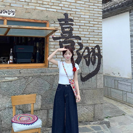 Dark Blue Wide-Leg Jeans for Women, Summer New High-Waisted Slimming Loose Wide-Leg Drape Floor-Length Pants Trendy