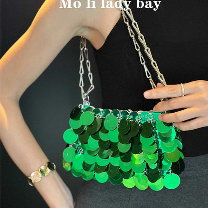 2025 New Silver Shiny Bag Hand-Woven Sequin Bag Mobile Phone Bag Long Shoulder Strap Single Shoulder Crossbody Bag for Women