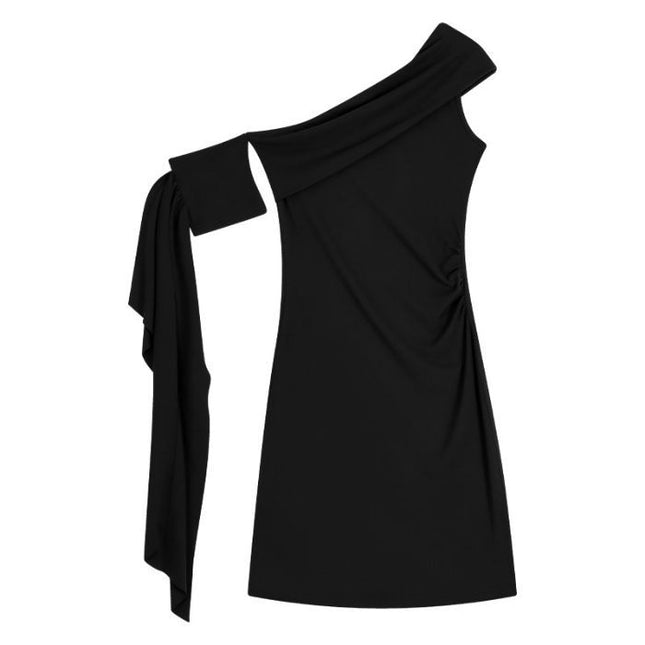 Black Off-Shoulder Dress with Ribbon for Women, Summer Sexy Hot Girl, Asymmetrical Shoulder Bodycon Dress, Elegant Waist-Cinching Slimming Short Dress