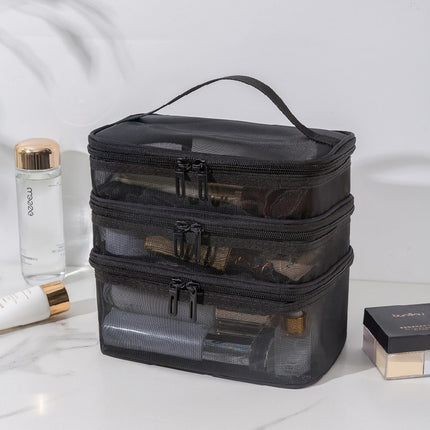 New Large-Capacity Cosmetic Bag for Women, Black Transparent Mesh Cosmetics and Toiletries Storage Bag with Transparent Design