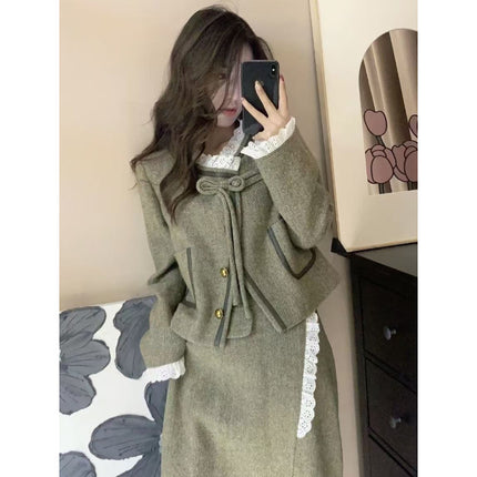 Chanel Style suit Women's Autumn and Winter Woolen Lace Short Coat High Waist Skirt High-grade Small Dress Two-piece Set