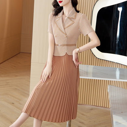 Miyake Pleated Dress 2026 Summer New Fashion Small Plaid Suit Collar Pleated Skirt Waist-Cinching Slimming Magic Dress