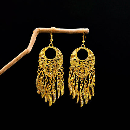 Ethnic Peacock Earrings Golden Bell Tassel Earrings Bohemian Leaf Pendant Scenic Earrings Wholesale