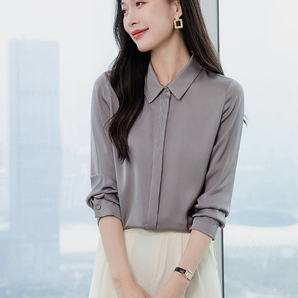 2026 Spring and Autumn Women's Silk Shirt, Solid Color, Turn-Down Collar, Long Sleeve, Real Silk Blouse, Office Professional Top