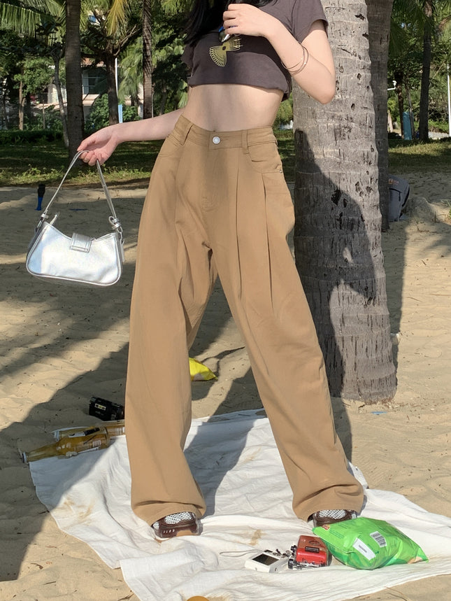 Spring 2025 New Korean Style Jeans Women's High Waist Loose Slimming Pleated Design Drape Wide Leg Trousers