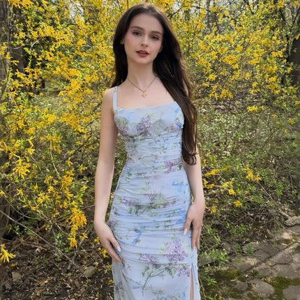 European and American Cross-Border Summer Women's Clothing: Spaghetti Strap Square Neck Floral Split Dress with a Youthful Design, Elegant and Sexy