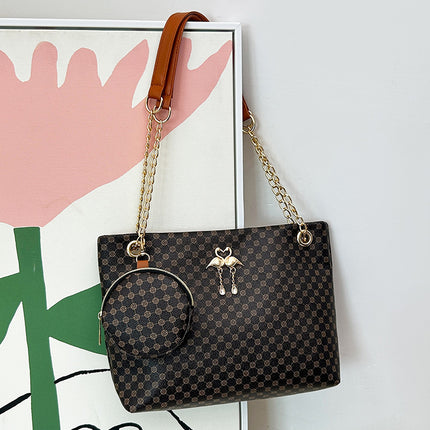 Cross-border Two-piece Fashionable Distinctive Denim Pattern Diamond Pattern Embroidered Tote Large Bag with Mini Change Small Round Bag Trendy