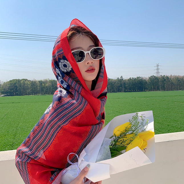 Retro Ethnic Style Travel Silk Scarf Summer Seaside Sunscreen Beach Towel Lightweight Cotton and Linen Handfeel Decorative Shawl Women