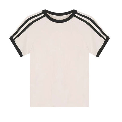 Cross-Border Supply Manufacturer Direct Sales T-Shirt Custom Round Neck Contrasting Stripes Short-Sleeved T-Shirt Blank Board Summer Women