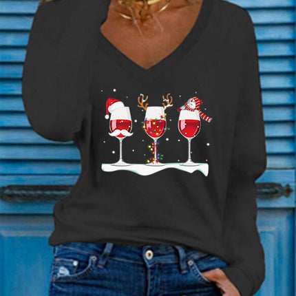 New Color European and American Amazon Aliexpress Christmas Three Wine Glass Printed Long-Sleeved Versatile Christmas Women's T-Shirt