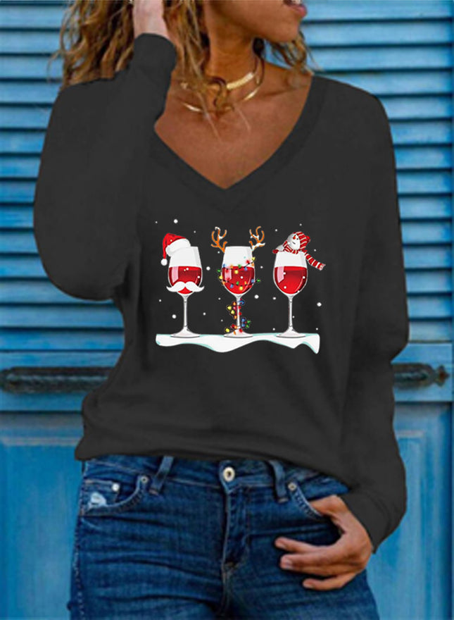 New Color European and American Amazon Aliexpress Christmas Three Wine Glass Printed Long-Sleeved Versatile Christmas Women's T-Shirt
