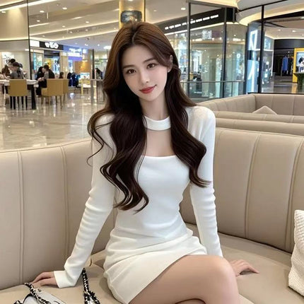 New French Style Neck Square Collar Long Sleeve dress Retro Light Luxury Elegant High-end Tight Waist Slimming Hip Skirt