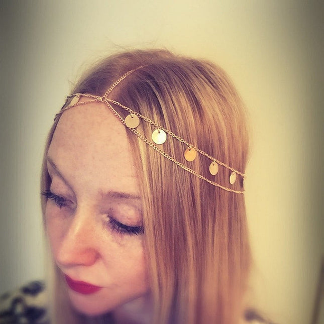 European and American new bohemian wafer layered hair chain female wedding jewelry multi-layer personalized Gypsy sequined head chain