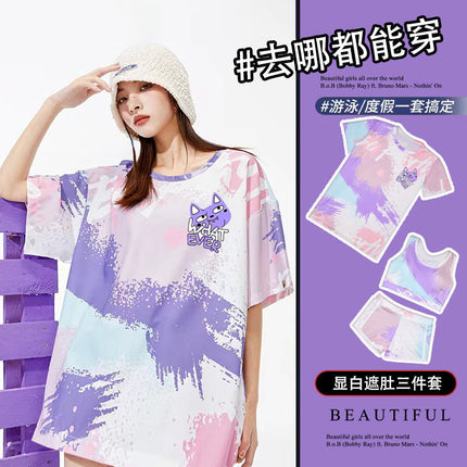 Swimsuit Women's Split Blouse Mid-Sleeve Sun Protection Sports Three-Piece Set Belly Covering Conservative Hot Spring Swimsuit for Girls and Students